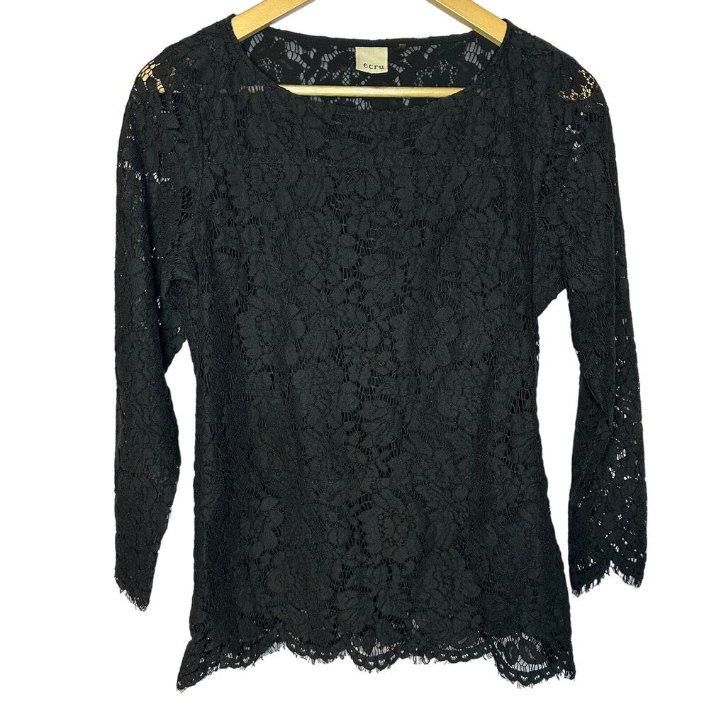 ECRU Black Lace Scallop Hem Lined Blouse Women's Medium / 8